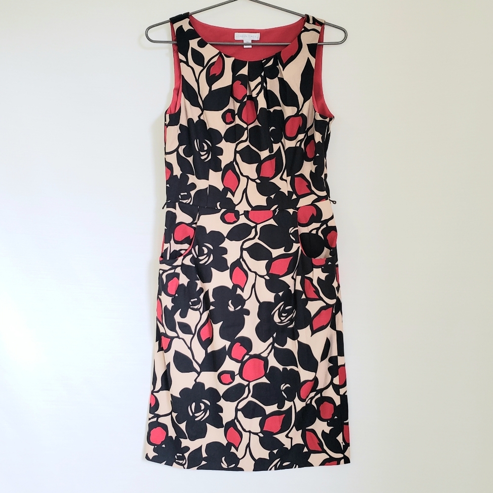 London Times Sleeveless Floral Sheath Dress in Black, Red & Cream Size 10 Fits 8